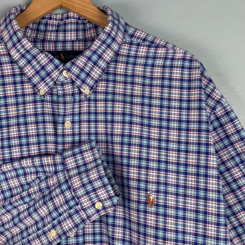 Ralph‎ Lauren Men's 3XB Blue Cream Plaid Button Down Long Sleeve Oxford Shirt